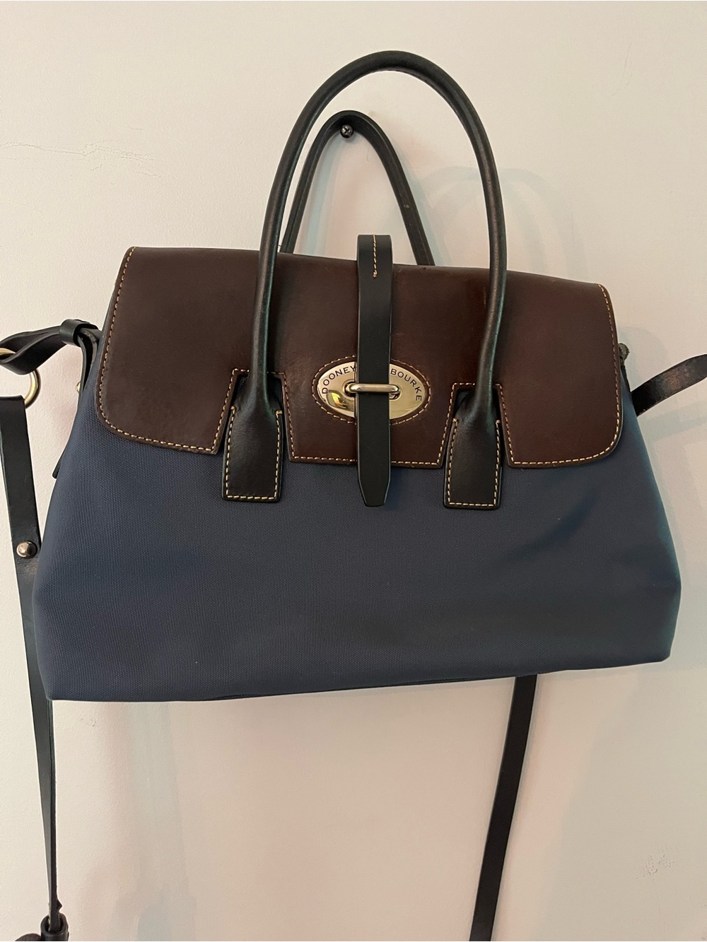 Dooney & Bourke Brown Leather and Navy Canvas Satchel